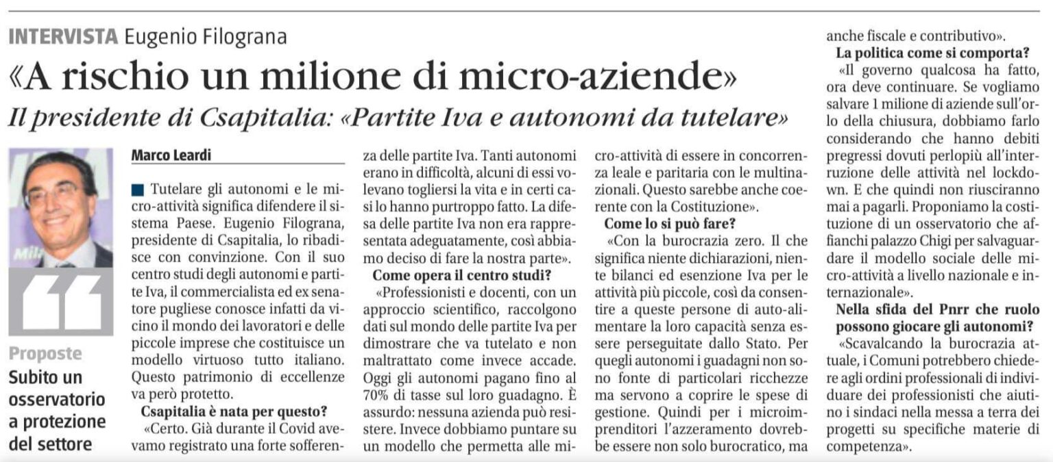 “A rischio un milione di micro-aziende. Partite Iva e autonomi da tutelare” – intervista a Il Giornale